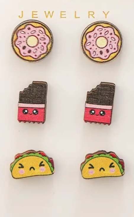 Super Cute Strawberry Iced Donut Chocolate Bar Taco Wooden Stud Earrings Set Of 3
