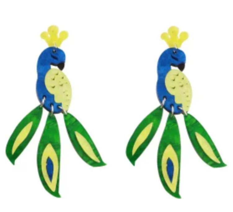 Bright Colourful Acrylic Peacock Design Drop Dangle Earrings