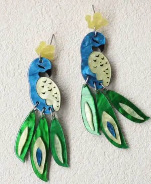 Bright Colourful Acrylic Peacock Design Drop Dangle Earrings