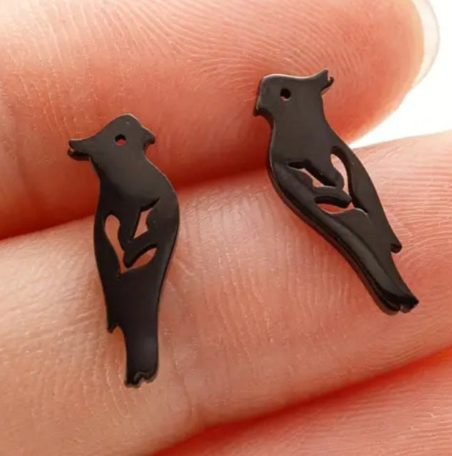 Adorable Parrot Cockatiel Design Black Enamel Plated Stainless Steel Small Teeny Stud Earrings