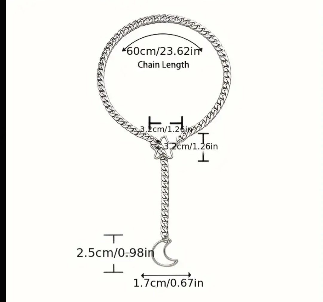 Crescent Moon Star Gothic Goth Punk Rock O-Ring Slip Chain Stainless Steel Necklace