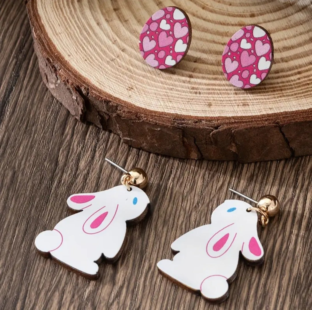 Colourful Easter Egg Heart Design Studs Plus Bunny Rabbit White Design Wood Drop Dangle Earrings Set Of 2
