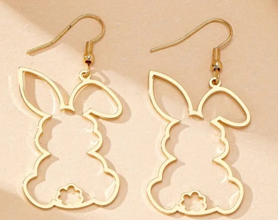 Bunny Rabbit Easter Spring Fine Line Hallow Design Gold Plated Drop Dangle Earrings