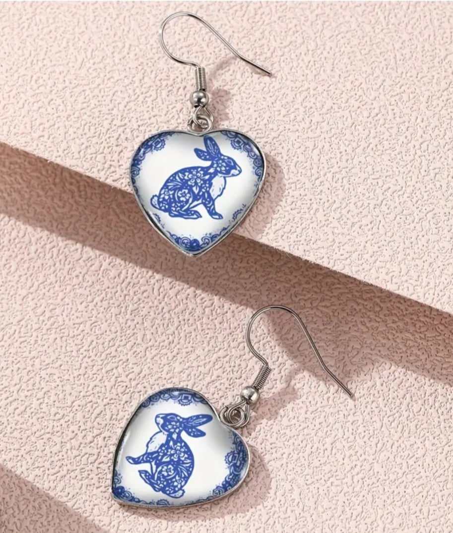 Classic Blue Bunny Rabbit Easter Spring Design Heart Shape Glass resin Drop Dangle Earrings