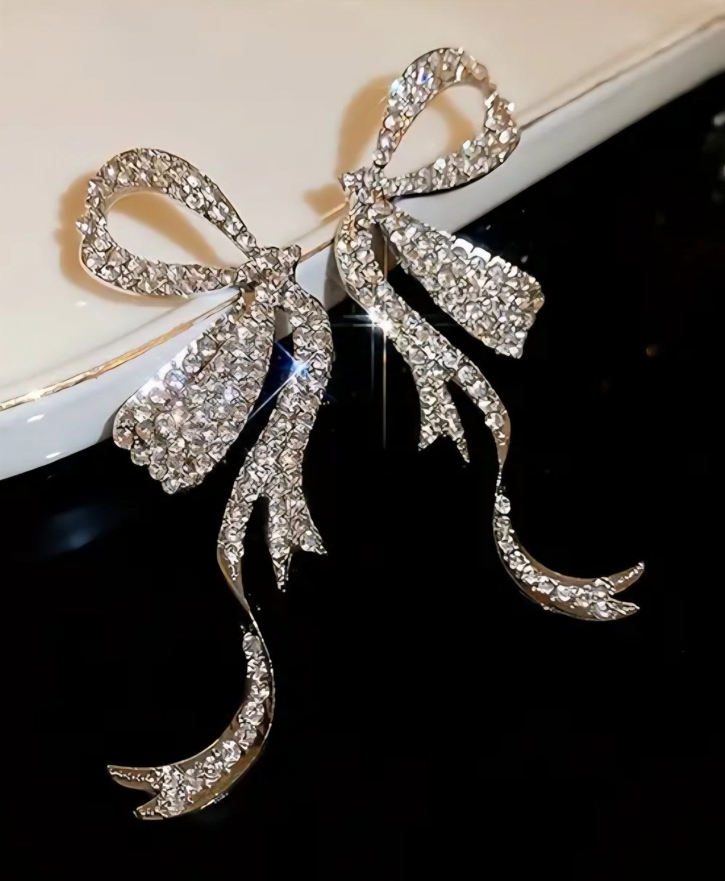 Giant Bling Bow Ribbon Style Rhinestone Inlay Silver Plated Huge Stud Earrings