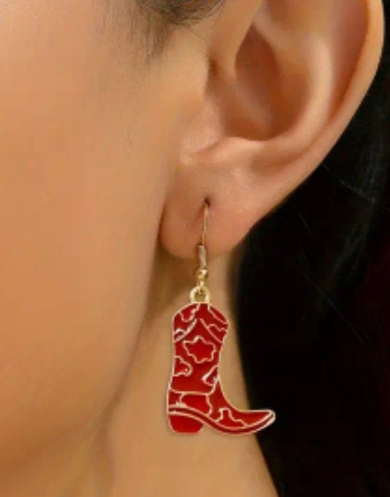 Cowboy Boots Red Enamel Painted Metal Western Design Drop Dangle Earrings