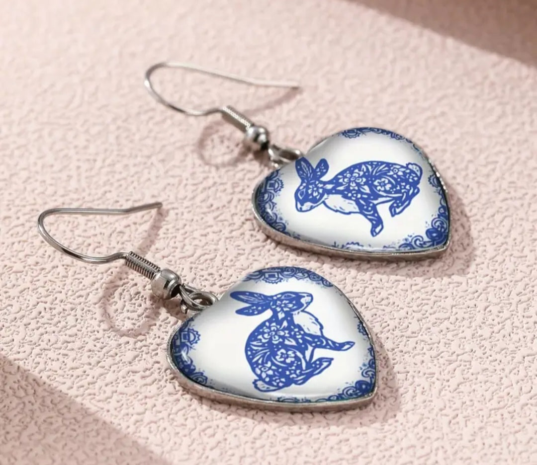Classic Blue Bunny Rabbit Easter Spring Design Heart Shape Glass resin Drop Dangle Earrings