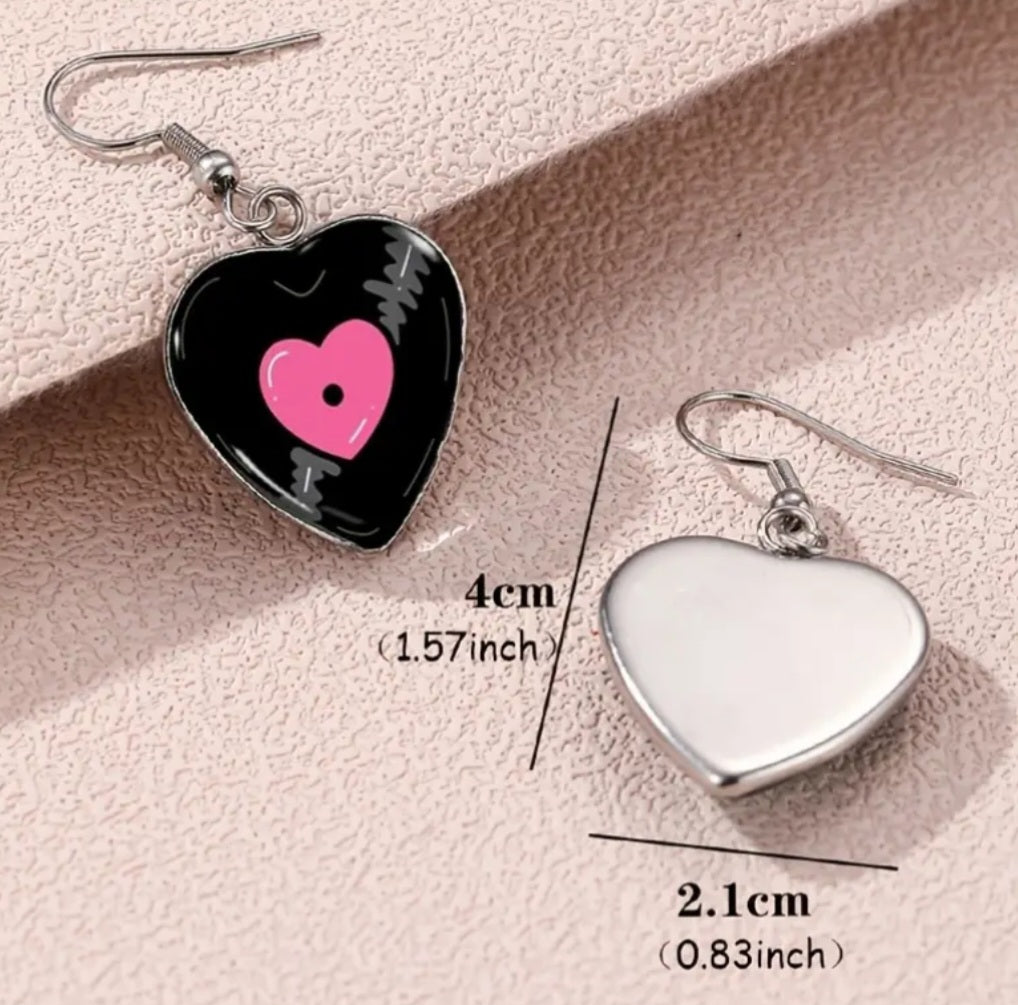Acrylic Heart Shaped Vinyl Record Design Resin Drop Dangle Earrings