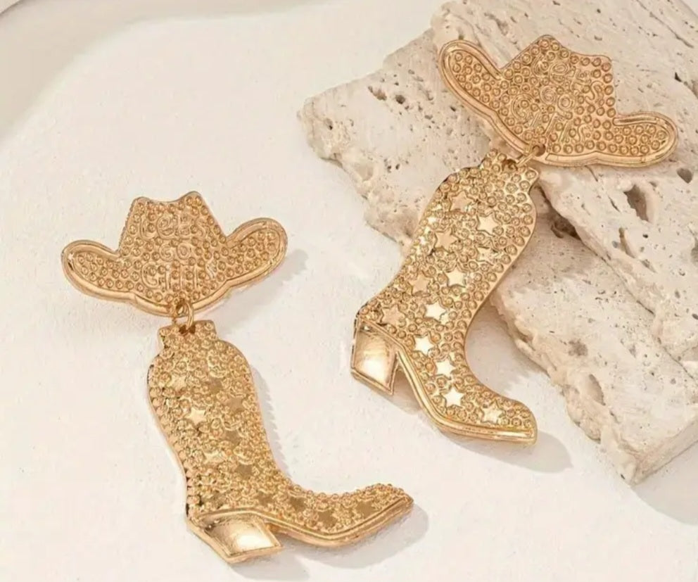 Cowboy Boots Hat Country Western Design Gold Plated Drop Dangle Earrings