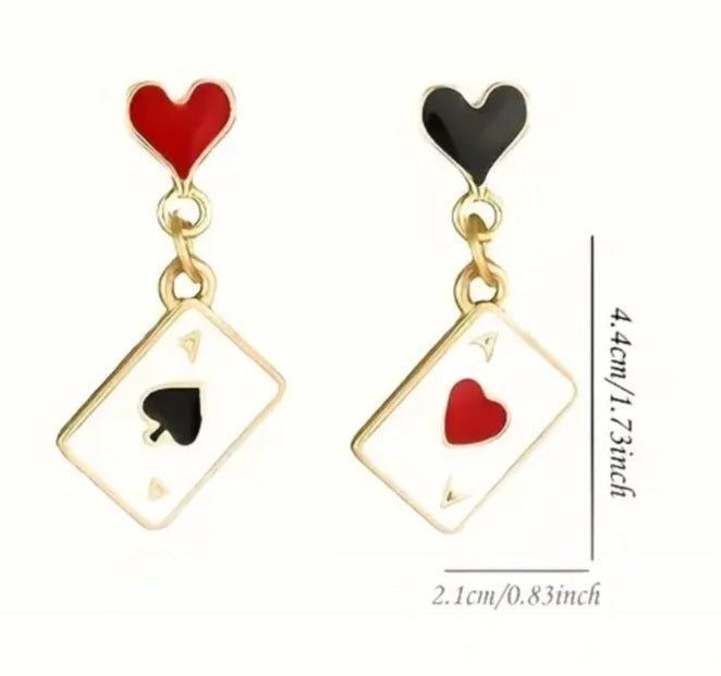 Ace Playing Card Enamel Painted Gold Plated Heart Drop Design Small Dangle Earrings