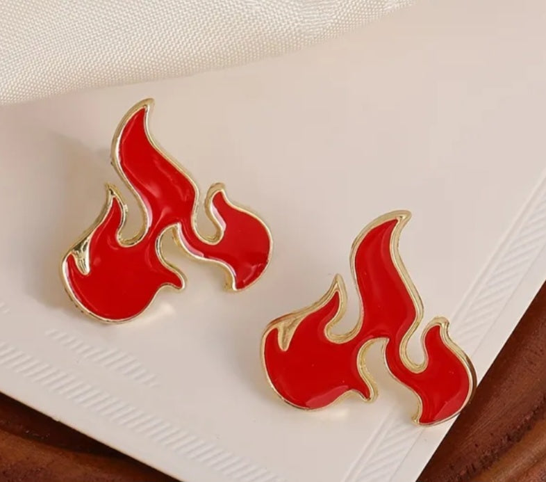 Flame Fire Enamel Painted Gold Plated Red Metal Stud Earrings