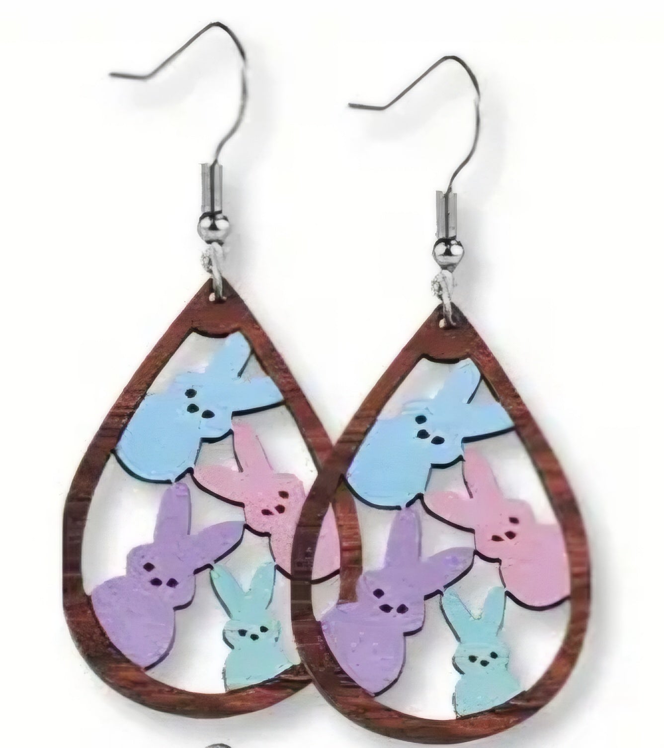 Cartoon Easter Bunny Rabbit Trio Bunnies Pastel Blue Pink Teal Tear Drop Design Wood Drop Dangle Earrings