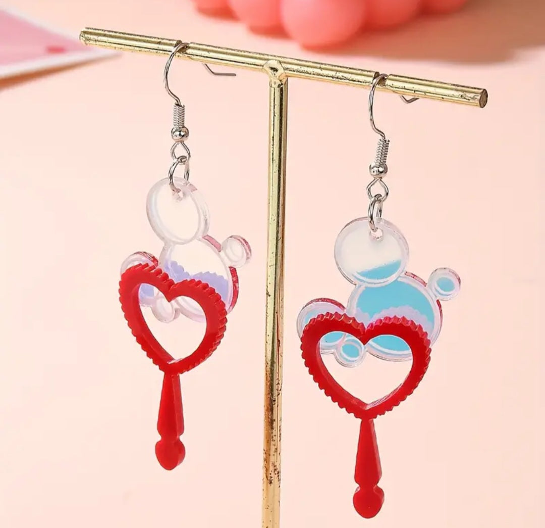 Retro Super Fun Acrylic With Mirror Look Accents Red Heart Shape Bubble Blower Wand With Reflective Bubbles Design Drop Dangle Earrings