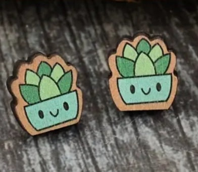 Cartoon Cactus Succulent Pot Short Plant Garden Wood Stud Earrings