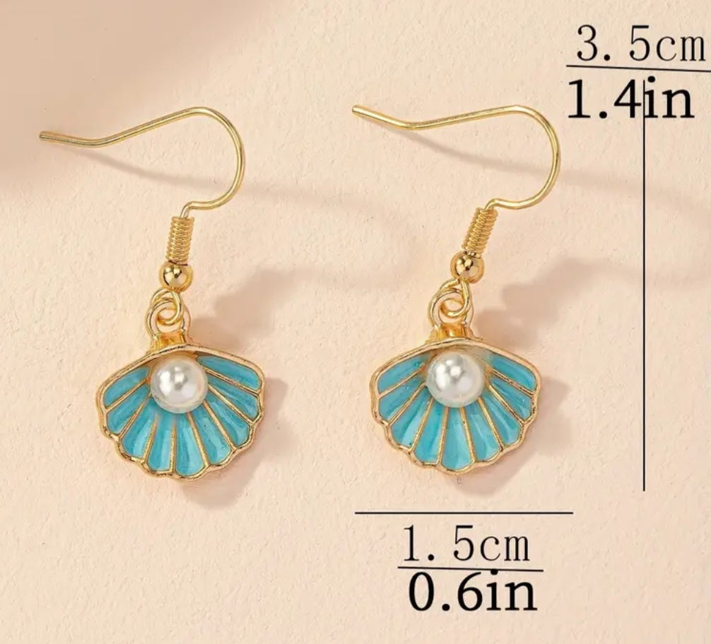 Enamel Painted Gold Plated Faux Pearl Blue Scalloped Shell Design Drop Dangle Earrings