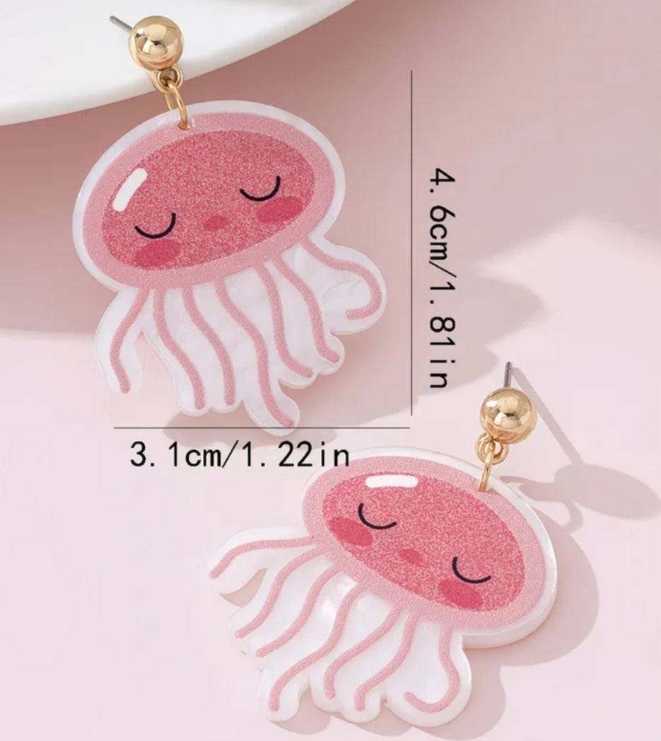 Acrylic Cartoon Jellyfish Pink Design Drop Dangle Earrings