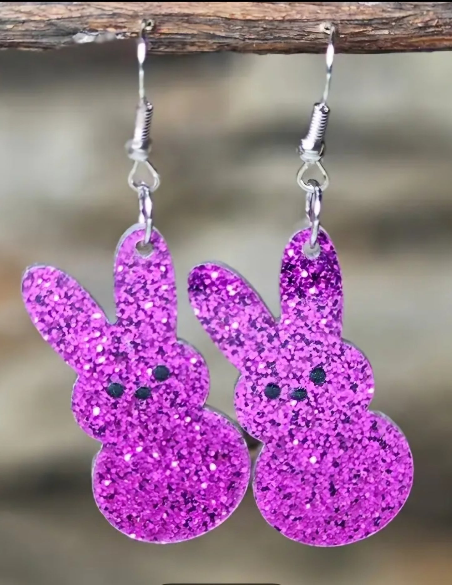 Acrylic Easter Bunny Rabbit Glitter Purple Spring Design Drop Dangle Earrings