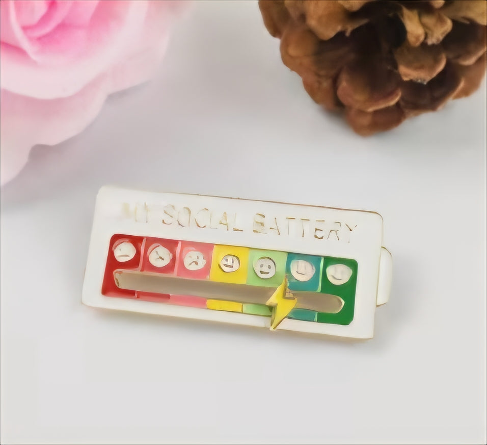 My Social Battery Mood Gauge With Moving Lightning Bolt White Enamel Steel Pin Brooch Badge