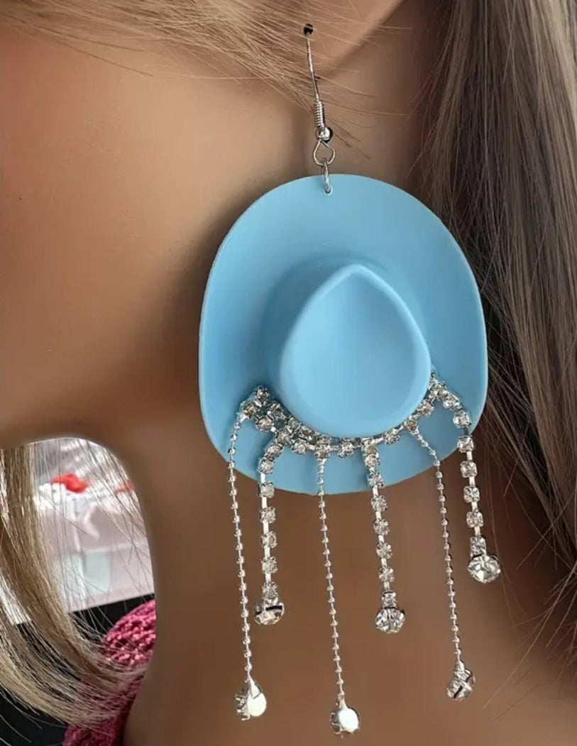 Acrylic Sky Blue Western Cowboy Cowgirl Hat With Rhinestone Dangle Embellishments Drop Earrings