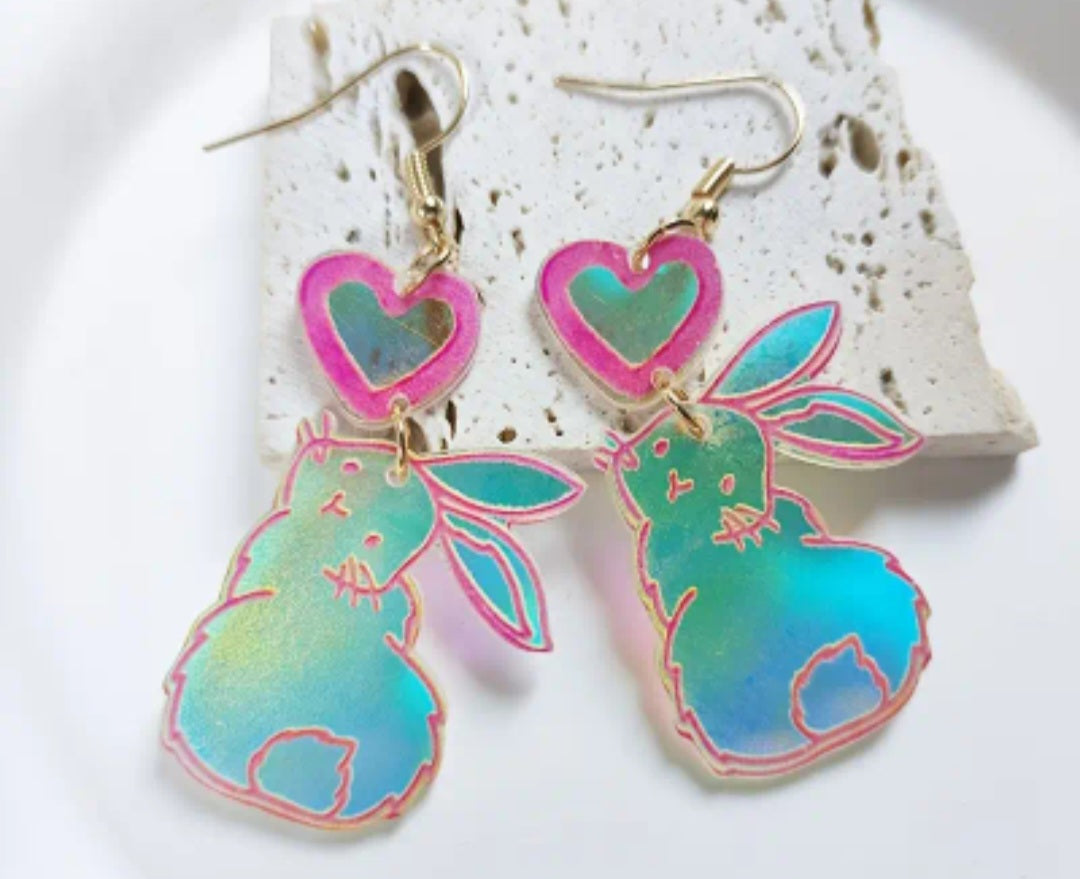Acrylic Easter Bunny Holographic Rabbit Spring Drop Dangle Earrings