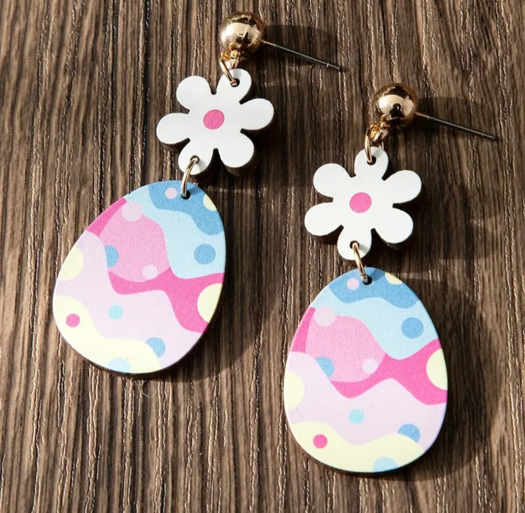 Colourful Easter Egg Flower Spring Design Wood Drop Dangle Earrings