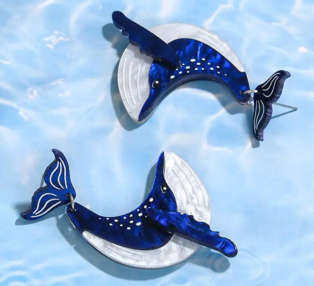 Acrylic Cartoon Giant Blue Humpback Whale Design Drop Dangle Earrings