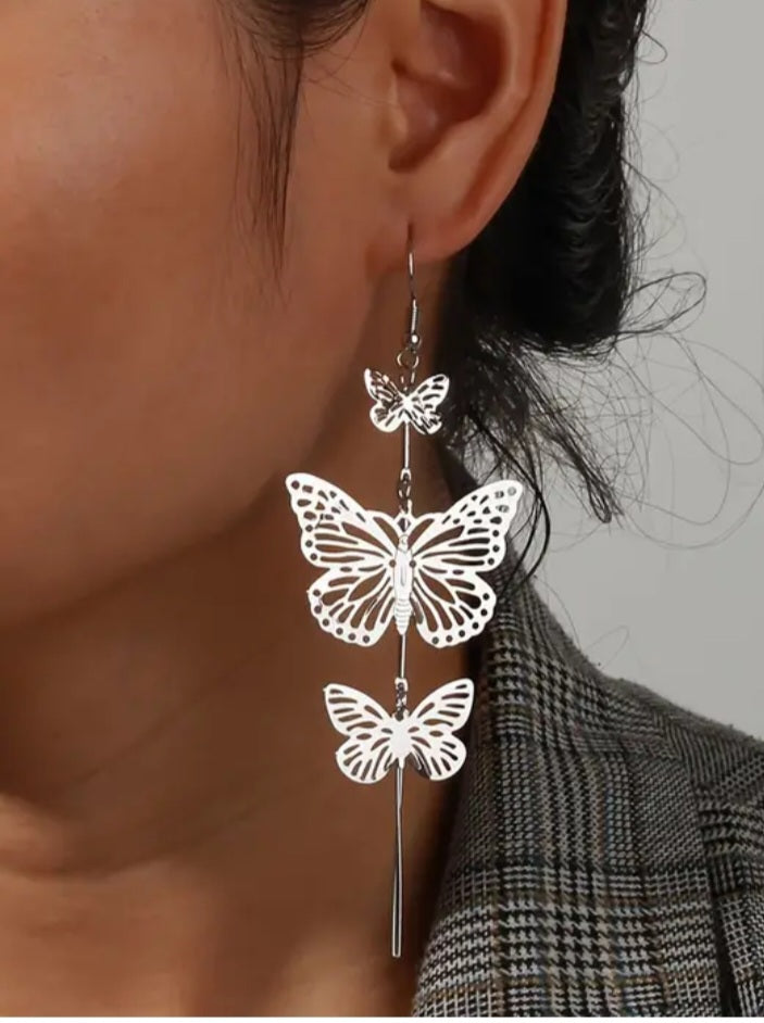 Butterfly Boho Long Triple Design Silver Plated Tassle Drop Dangle Earrings