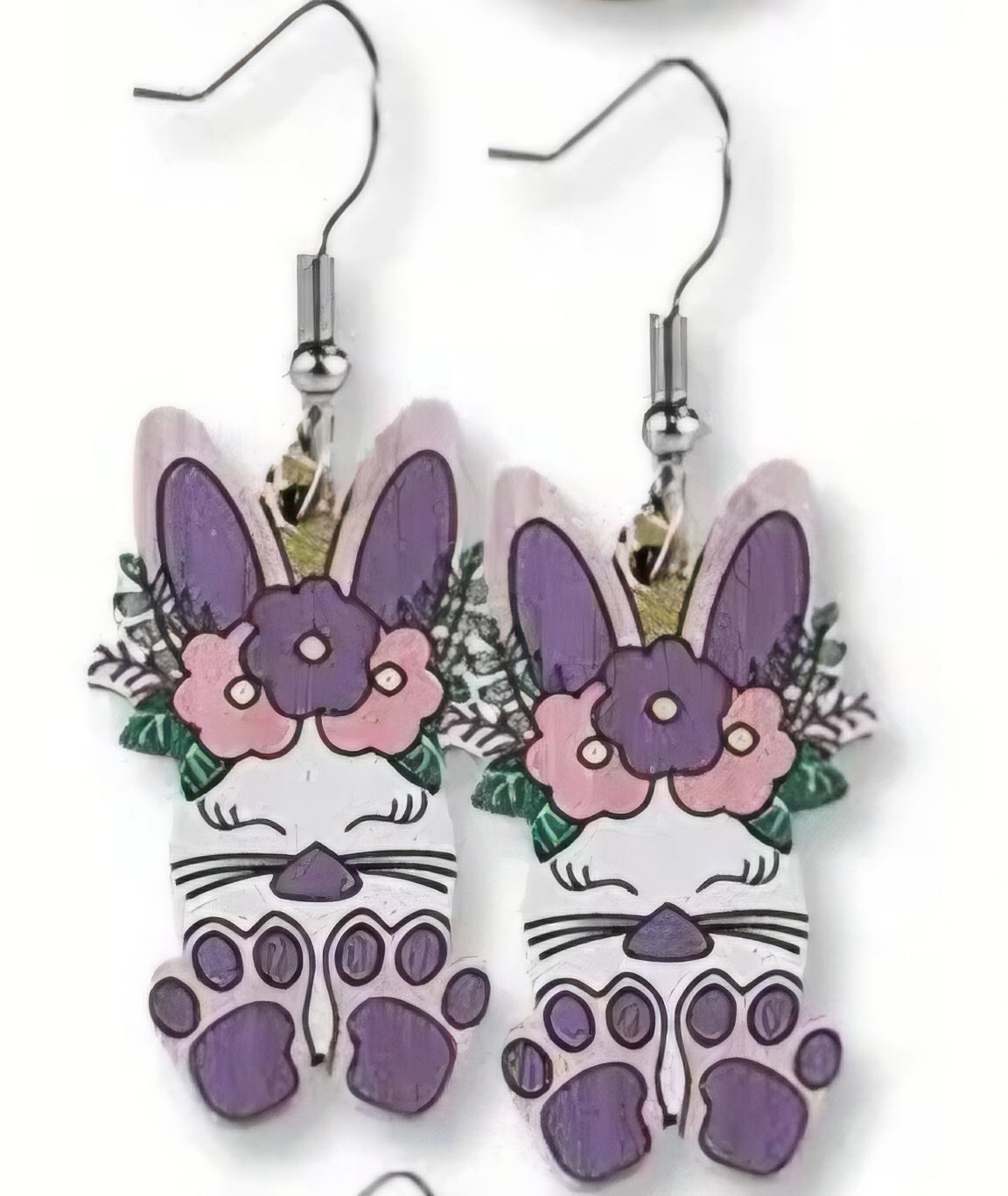 Cartoon Easter Bunny Rabbit Purple Flowers Spring Design Wood Drop Dangle Earrings