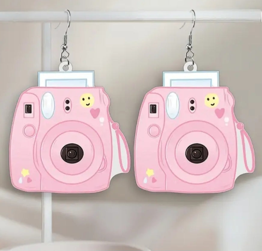 Acrylic Cartoon Camera Pink Instax Polaroid Inspired Design Drop Dangle Earrings
