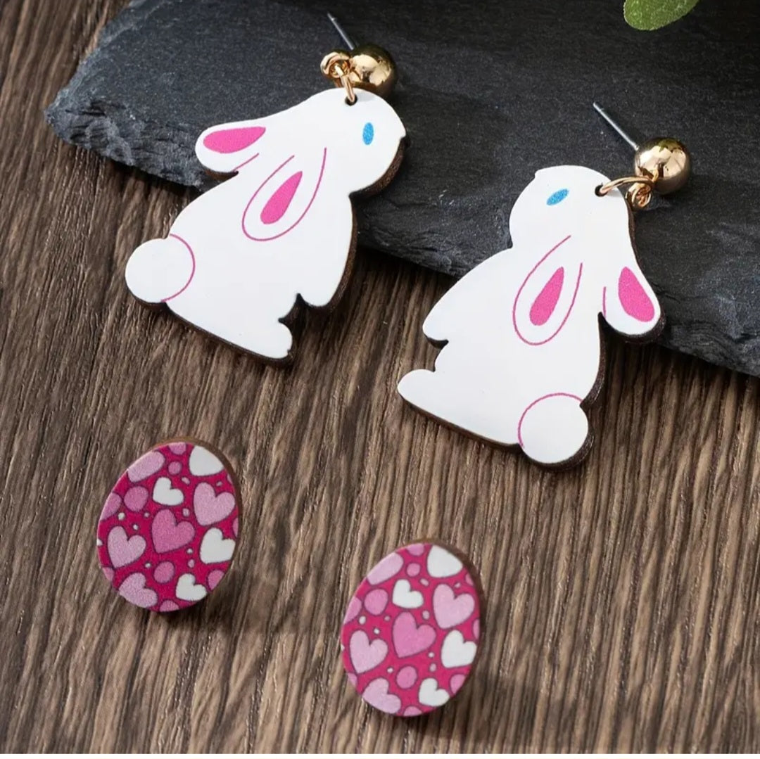 Colourful Easter Egg Heart Design Studs Plus Bunny Rabbit White Design Wood Drop Dangle Earrings Set Of 2