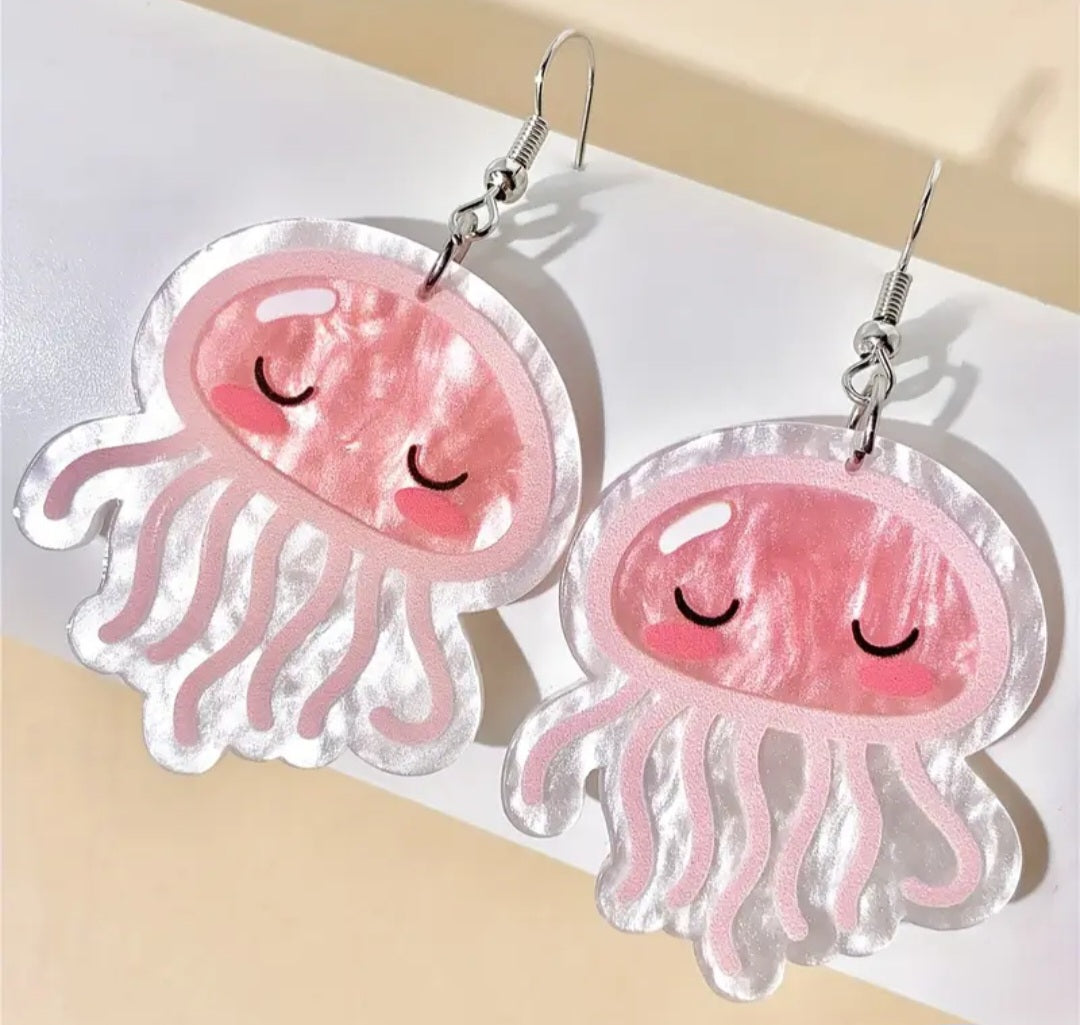 Acrylic Cartoon Jellyfish Pink Design Drop Dangle Earrings