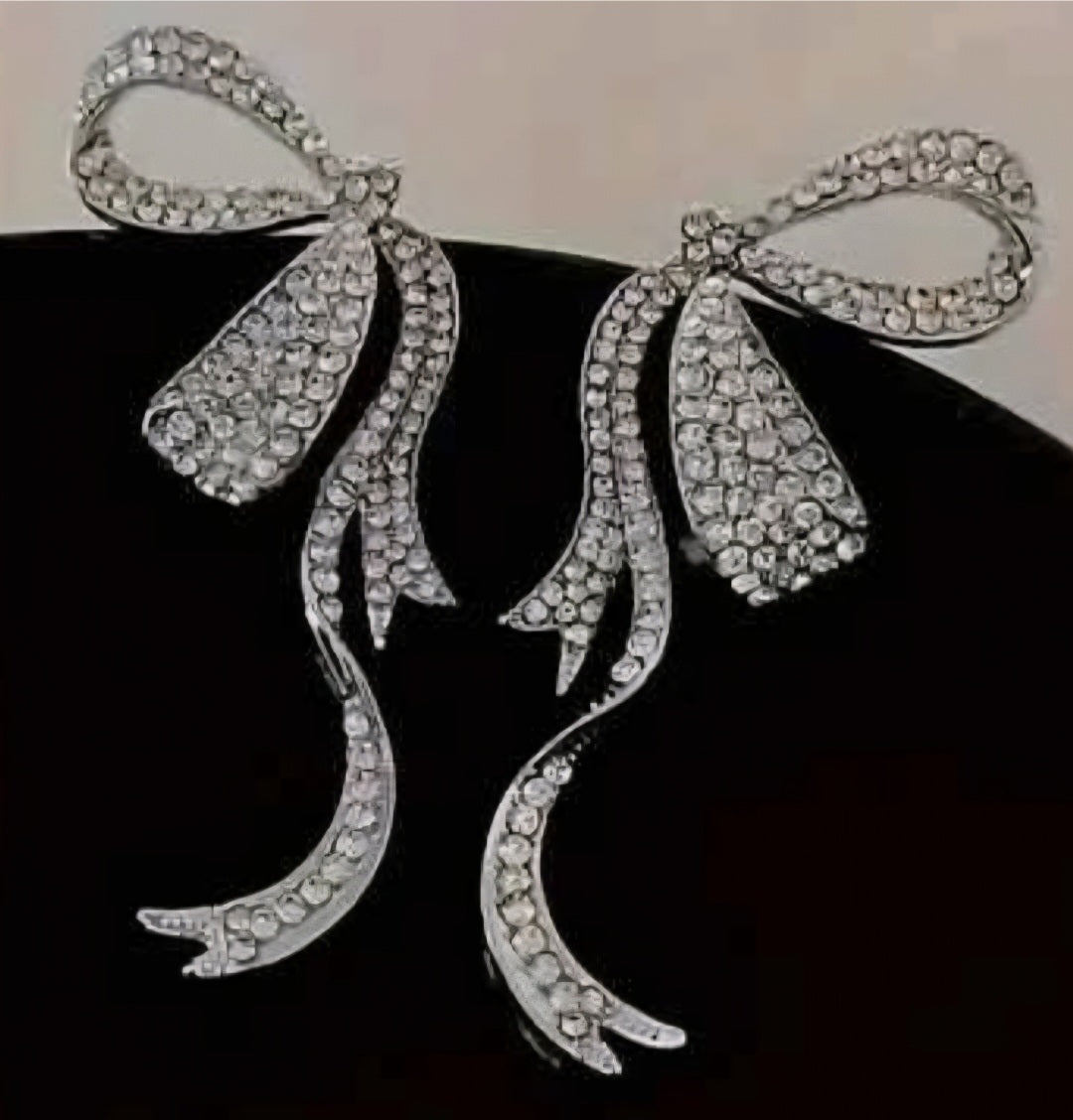 Giant Bling Bow Ribbon Style Rhinestone Inlay Silver Plated Huge Stud Earrings