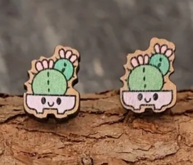 Cartoon Cactus Succulent Pot Double Plant Garden Wood Stud Earrings