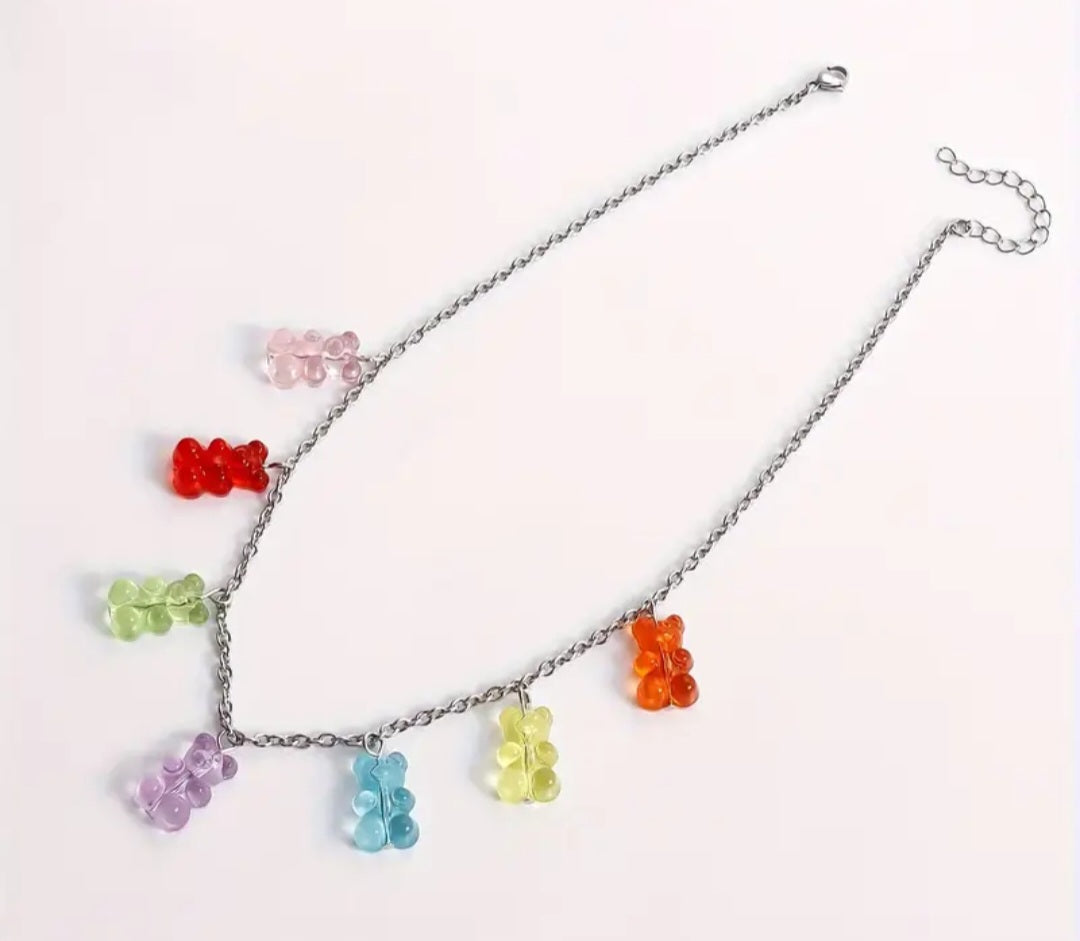 Acrylic Candy Charm Gummy Bear Lollies Theme Pendant Chain Silver Plated Necklace