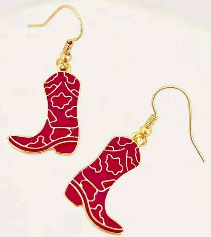 Cowboy Boots Red Enamel Painted Metal Western Design Drop Dangle Earrings