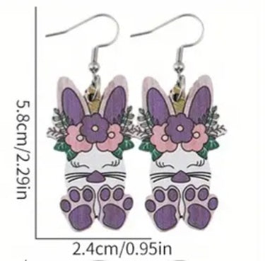 Cartoon Easter Bunny Rabbit Purple Flowers Spring Design Wood Drop Dangle Earrings