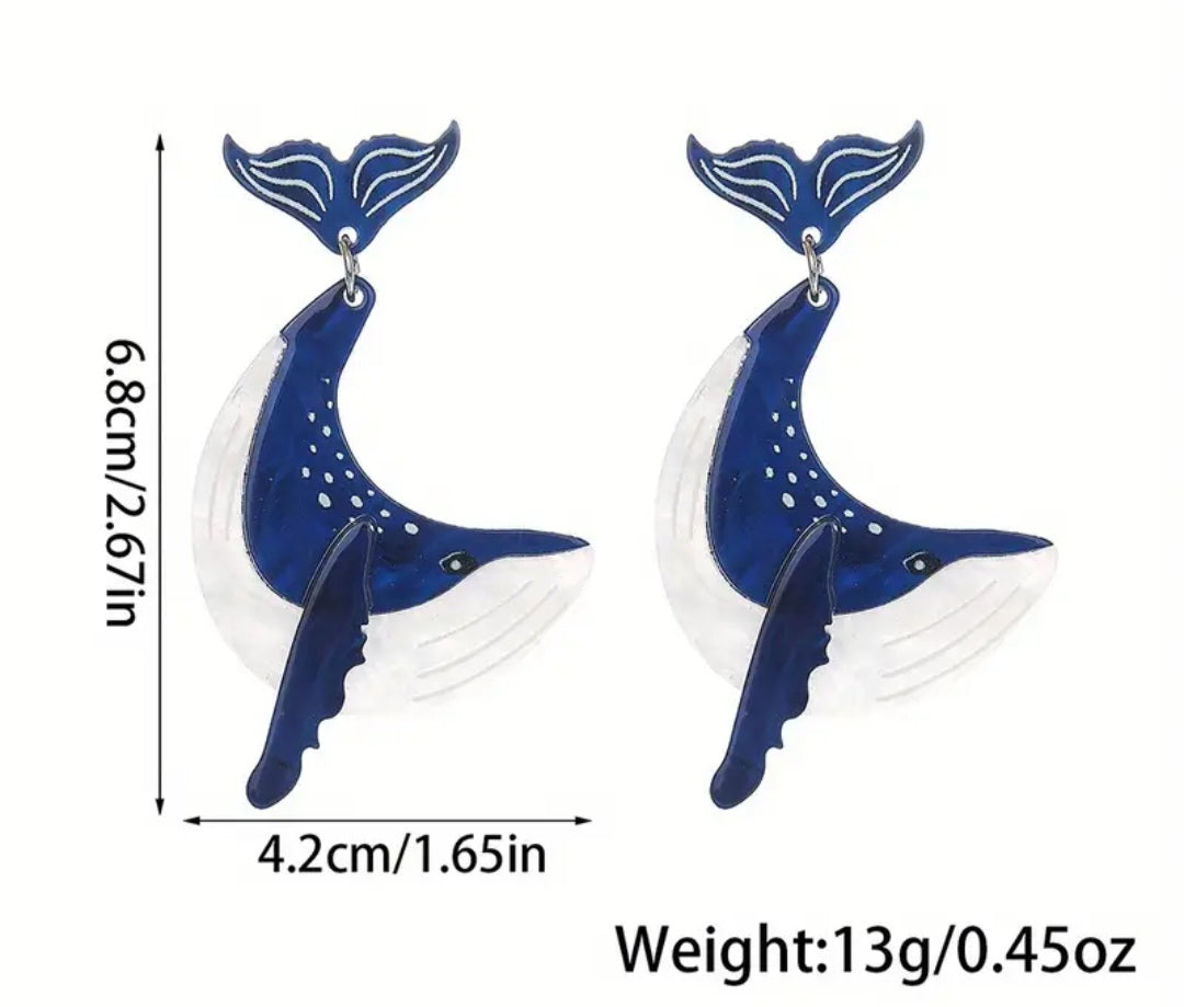 Acrylic Cartoon Giant Blue Humpback Whale Design Drop Dangle Earrings