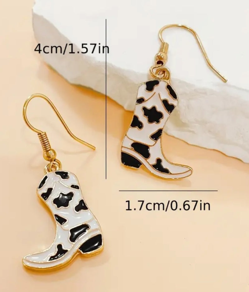 Cowboy Boots Black White Cow Print Enamel Painted Metal Western Design Drop Dangle Earrings