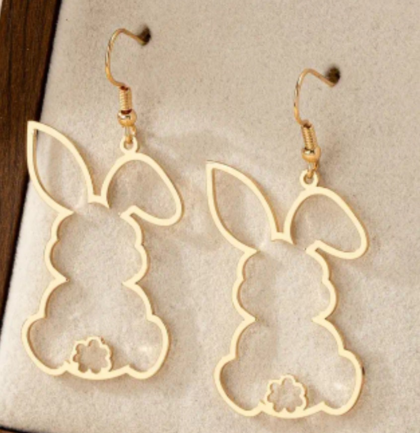 Bunny Rabbit Easter Spring Fine Line Hallow Design Gold Plated Drop Dangle Earrings