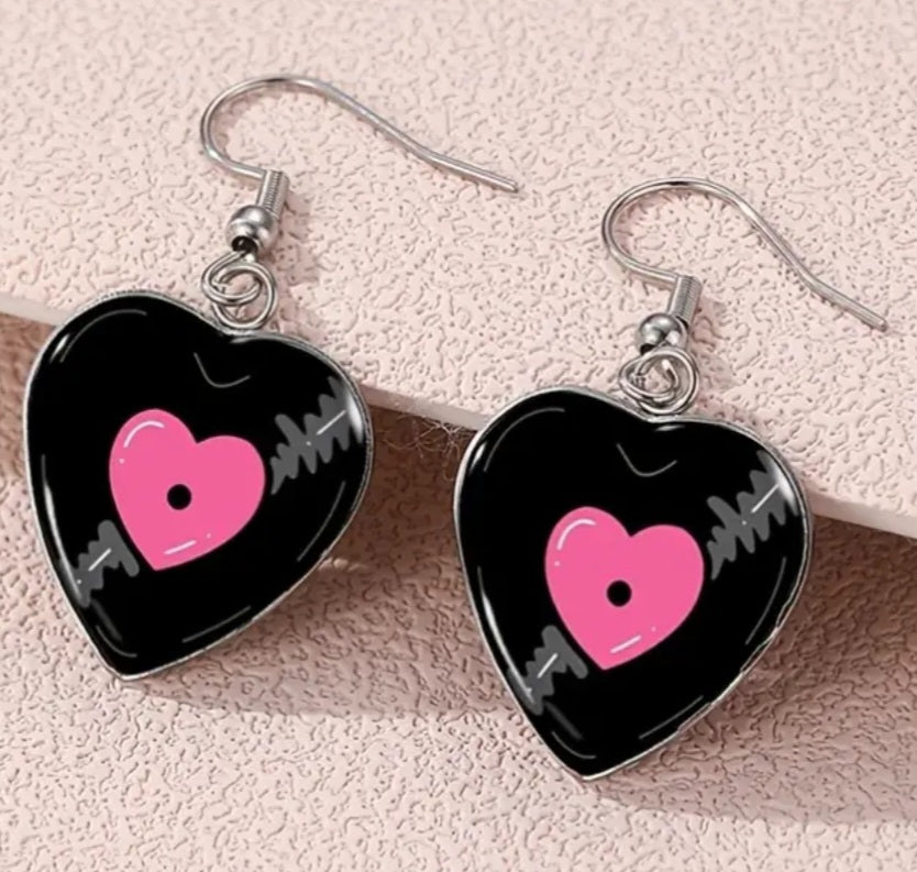 Acrylic Heart Shaped Vinyl Record Design Resin Drop Dangle Earrings