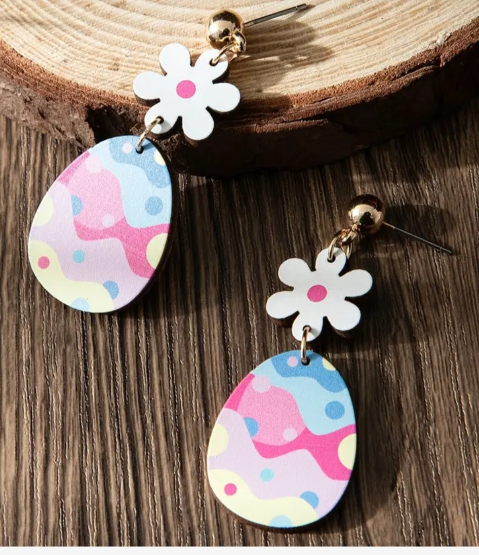 Colourful Easter Egg Flower Spring Design Wood Drop Dangle Earrings
