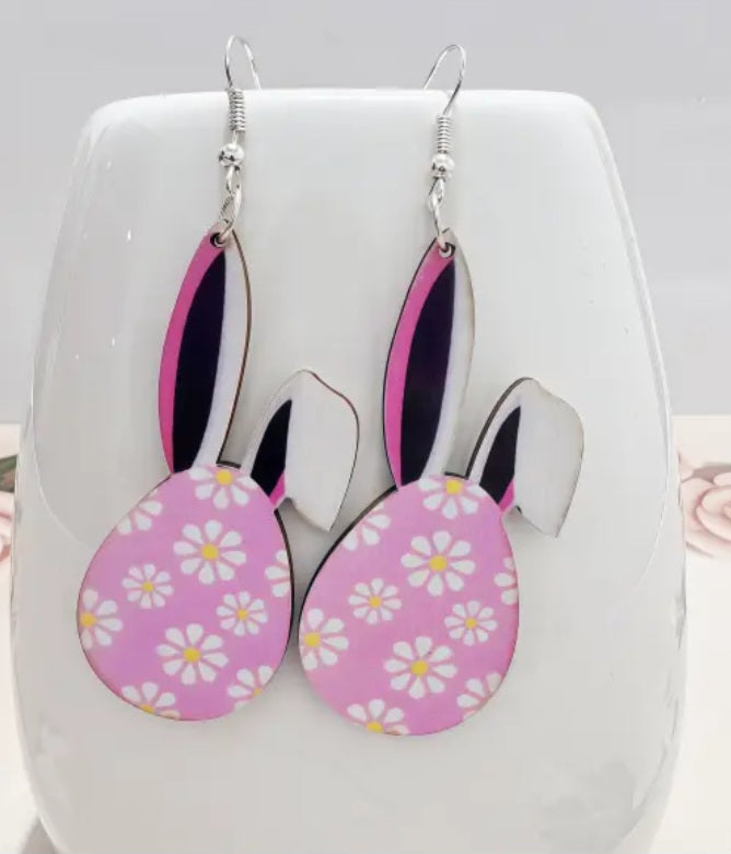 Easter Egg Bunny Ears Pink Rabbit Spring Design Wood Drop Dangle Earrings