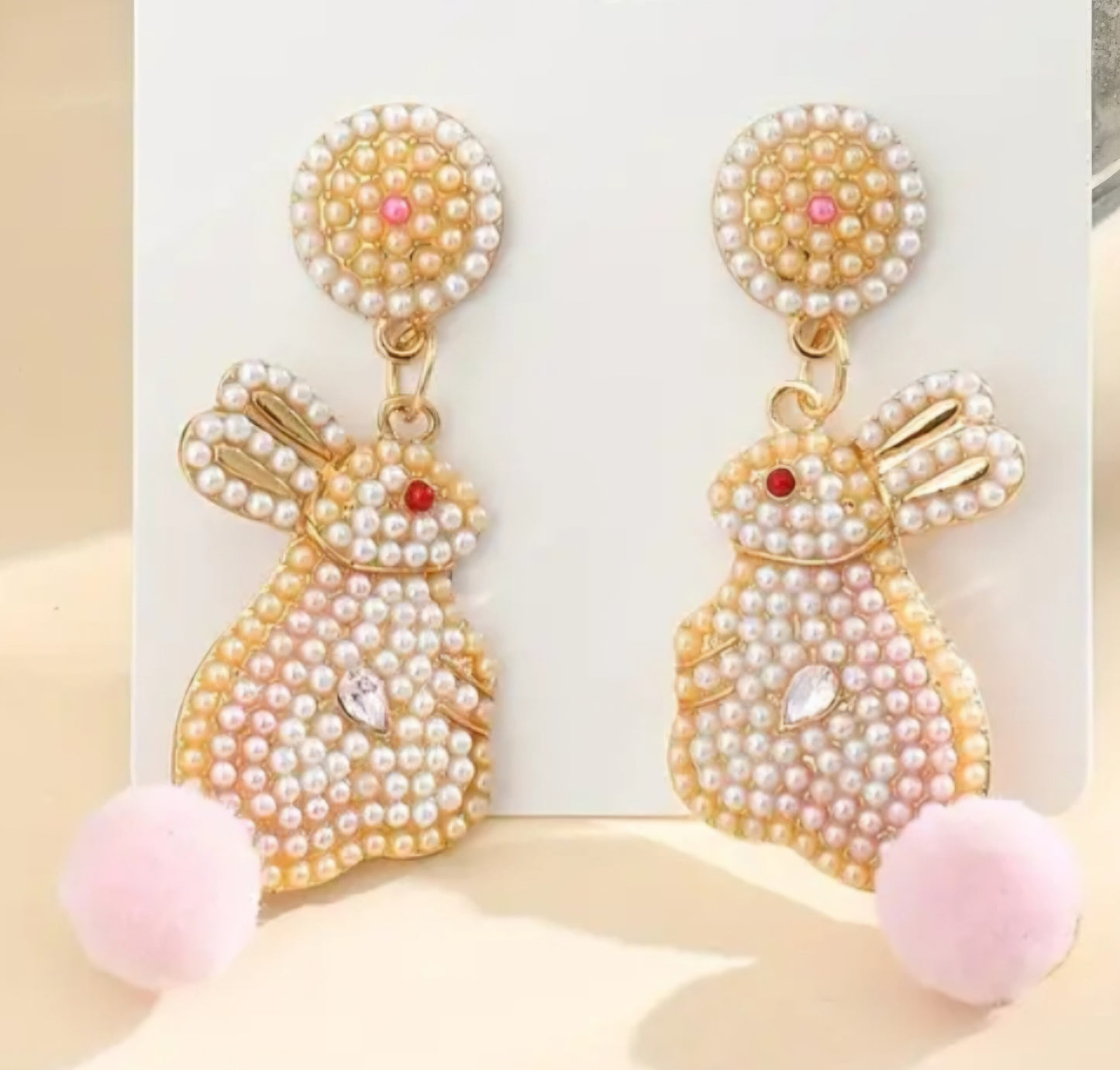 Easter Bunny Faux Pearl Encrusted Gold Plated Fluffy Tail Rabbit Large Drop Dangle Earrings