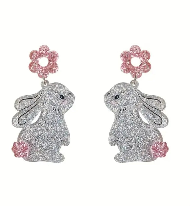 Acrylic Easter Bunny Roabbit Flower Spring Design Glitter Sparkle Drop Dangle Earrings