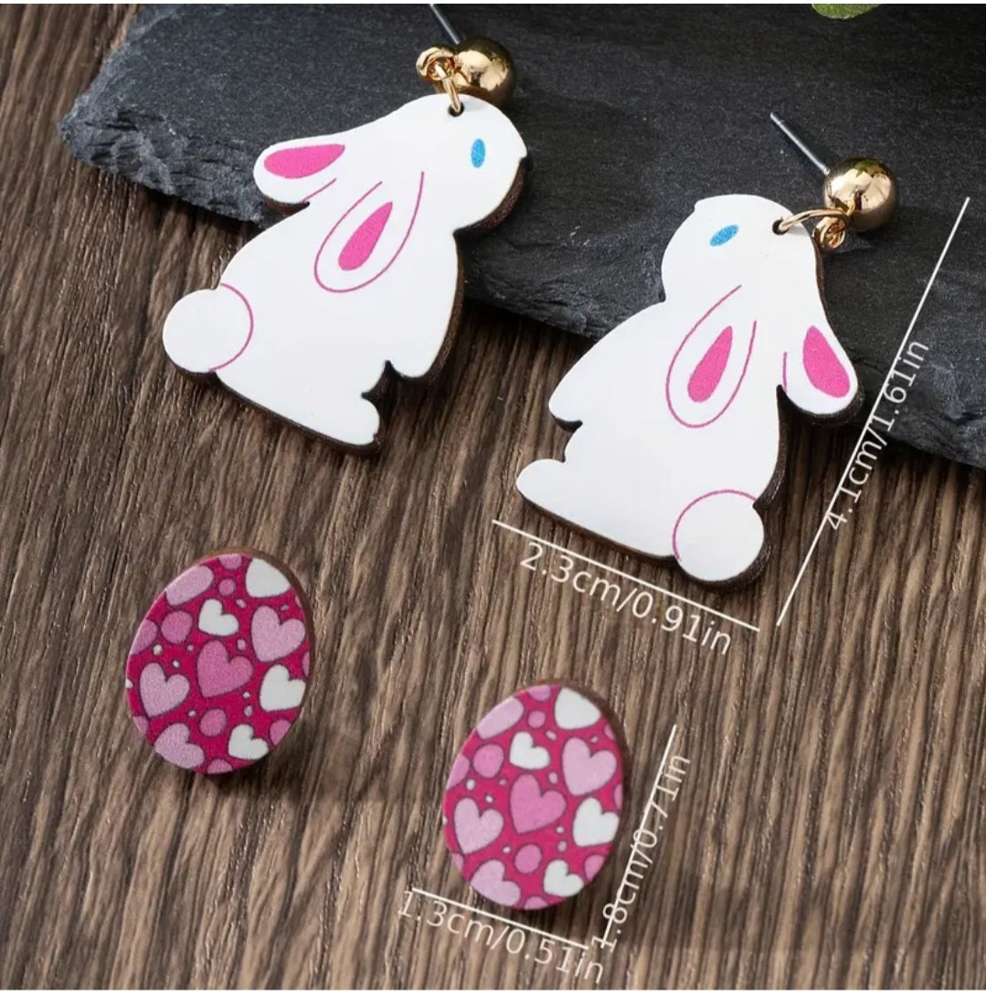 Colourful Easter Egg Heart Design Studs Plus Bunny Rabbit White Design Wood Drop Dangle Earrings Set Of 2