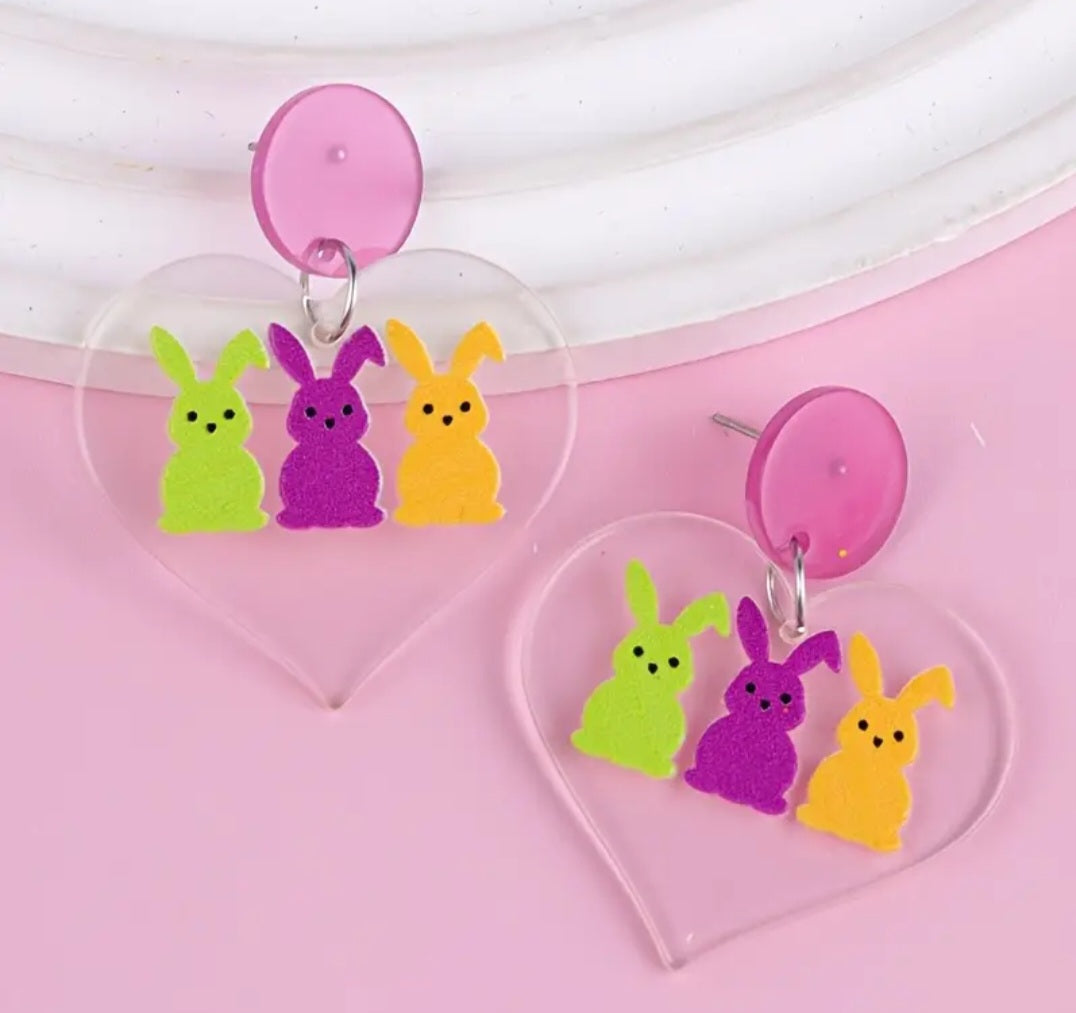 Acrylic Easter Bunny Heart Shaped Design Trio Rabbit Spring Transparent Drop Dangle Earrings