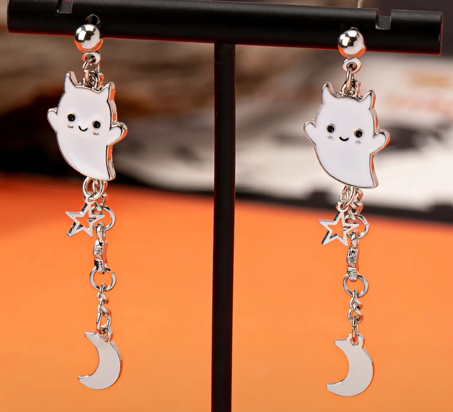 Adorable Enamel Little Devil Ghost Silver Plated Star Moon design Chain Tassle Earrings Punk Gothic Perfect For Halloween