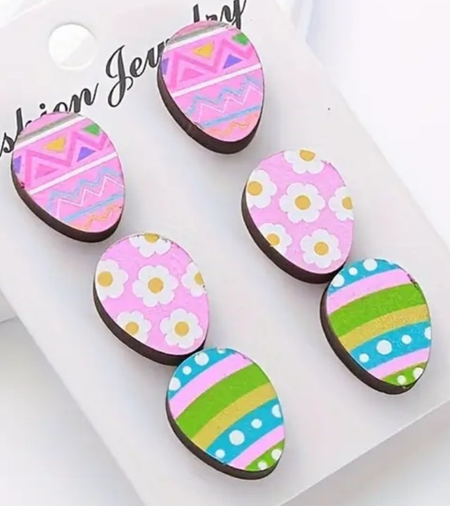 Easter Egg Colourful Spring Design Wooden Stud Earrings Set Of 3