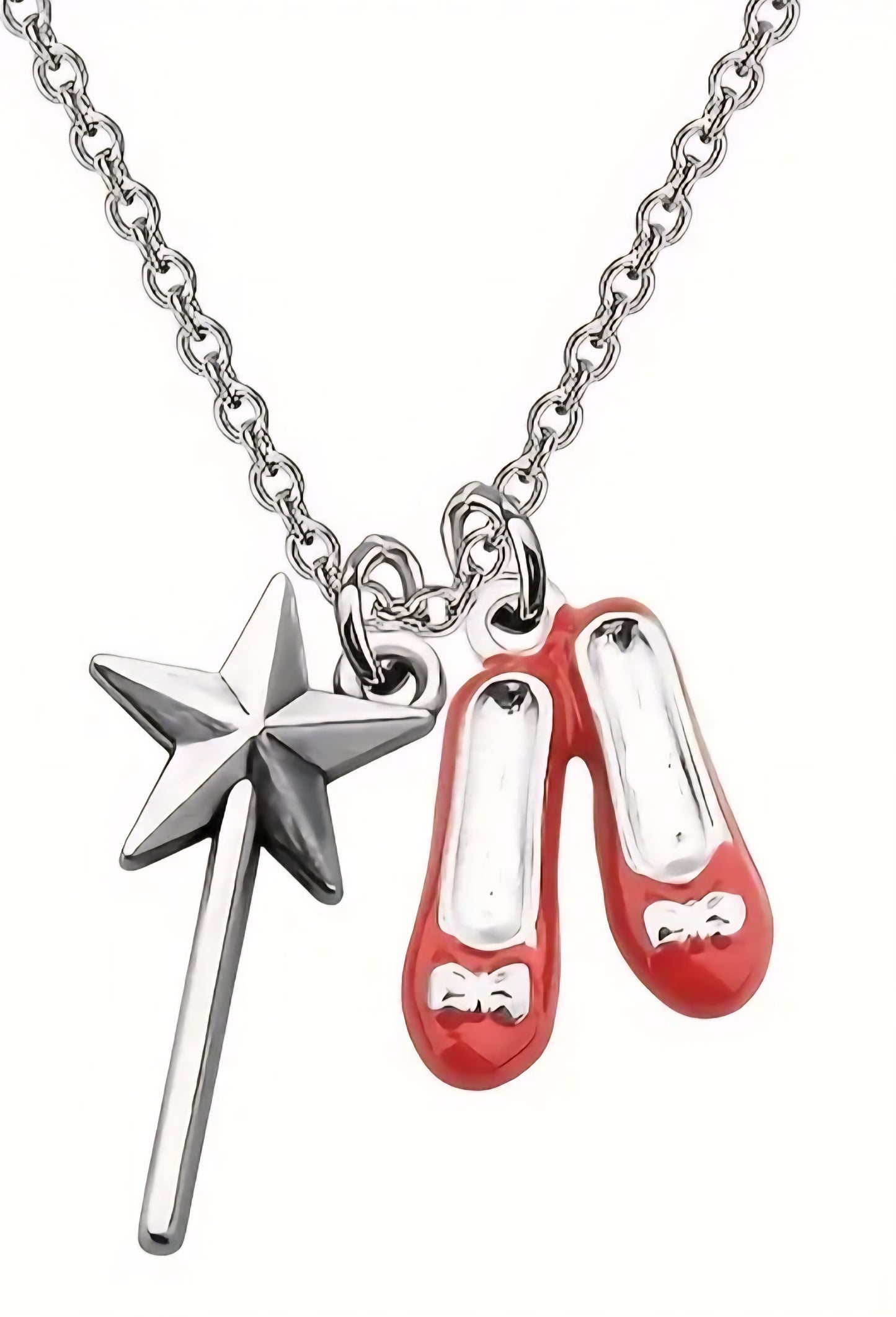 Dorothy's Ruby Red Slippers Glinda's Wand Wizard Of Oz Inspired Enamel Painted Double Charm Pendant Necklace