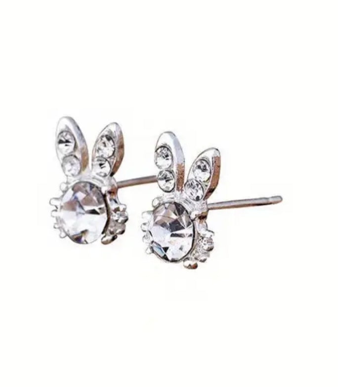 Easter Bunny Rabbit Head Spring Rhinestone Inlay Silver Plated Teeny Stud Earrings
